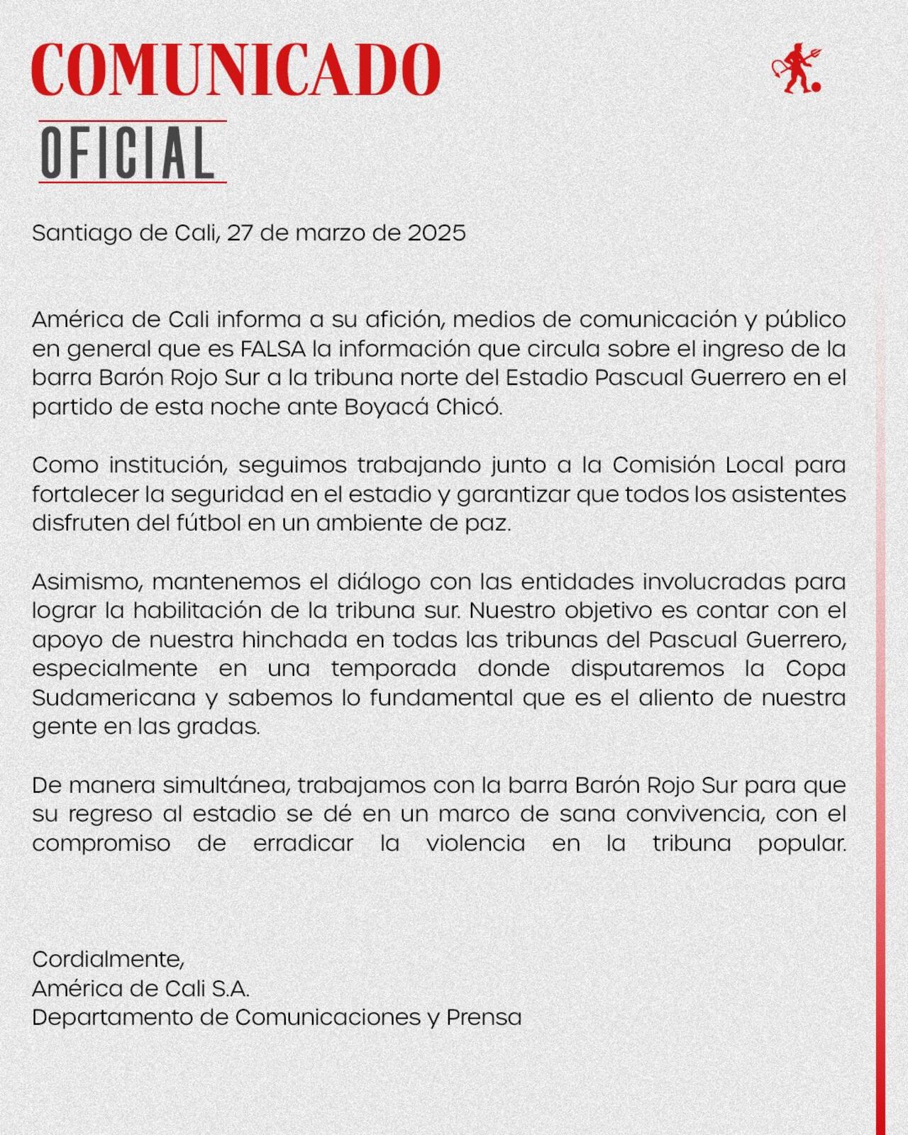 Este es el comunicado de América de Cali