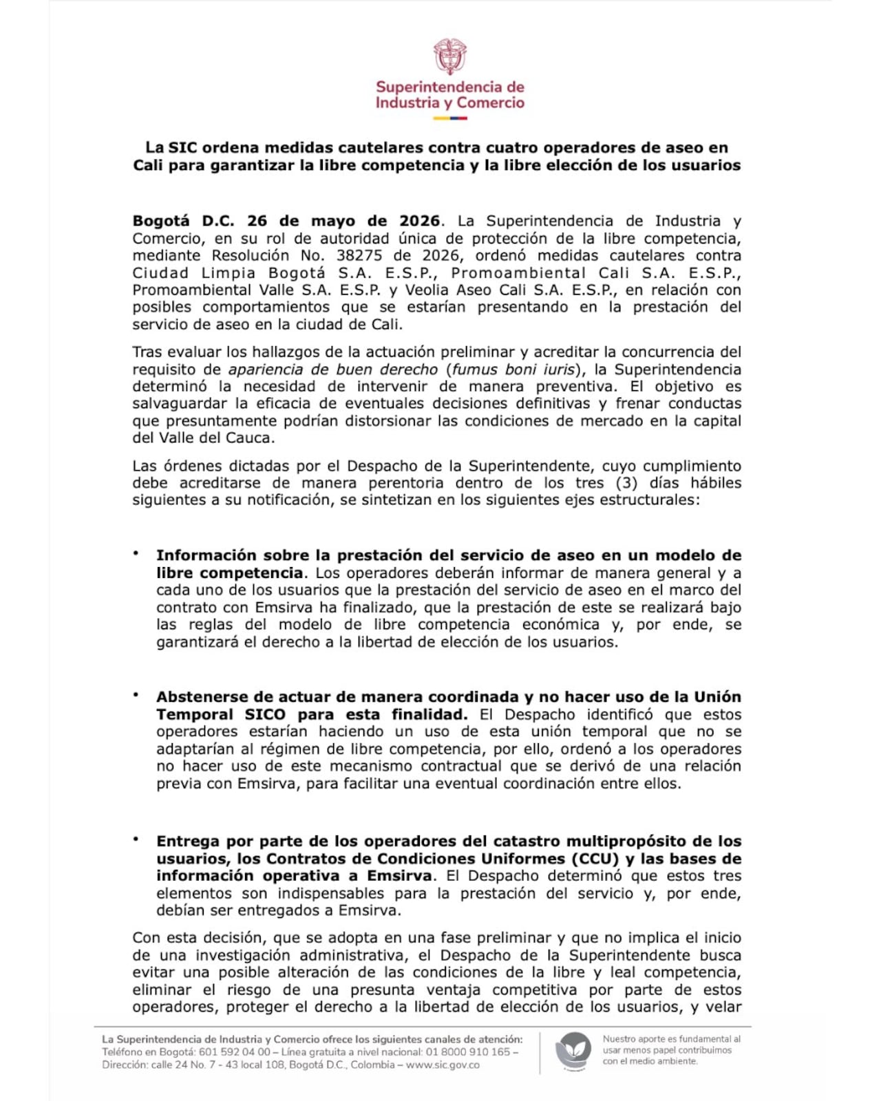 Estas son las medidas cautelares que la Superintendencia de Industria y Comercio tomó contra los cuatro operadores de aseo de Cali.