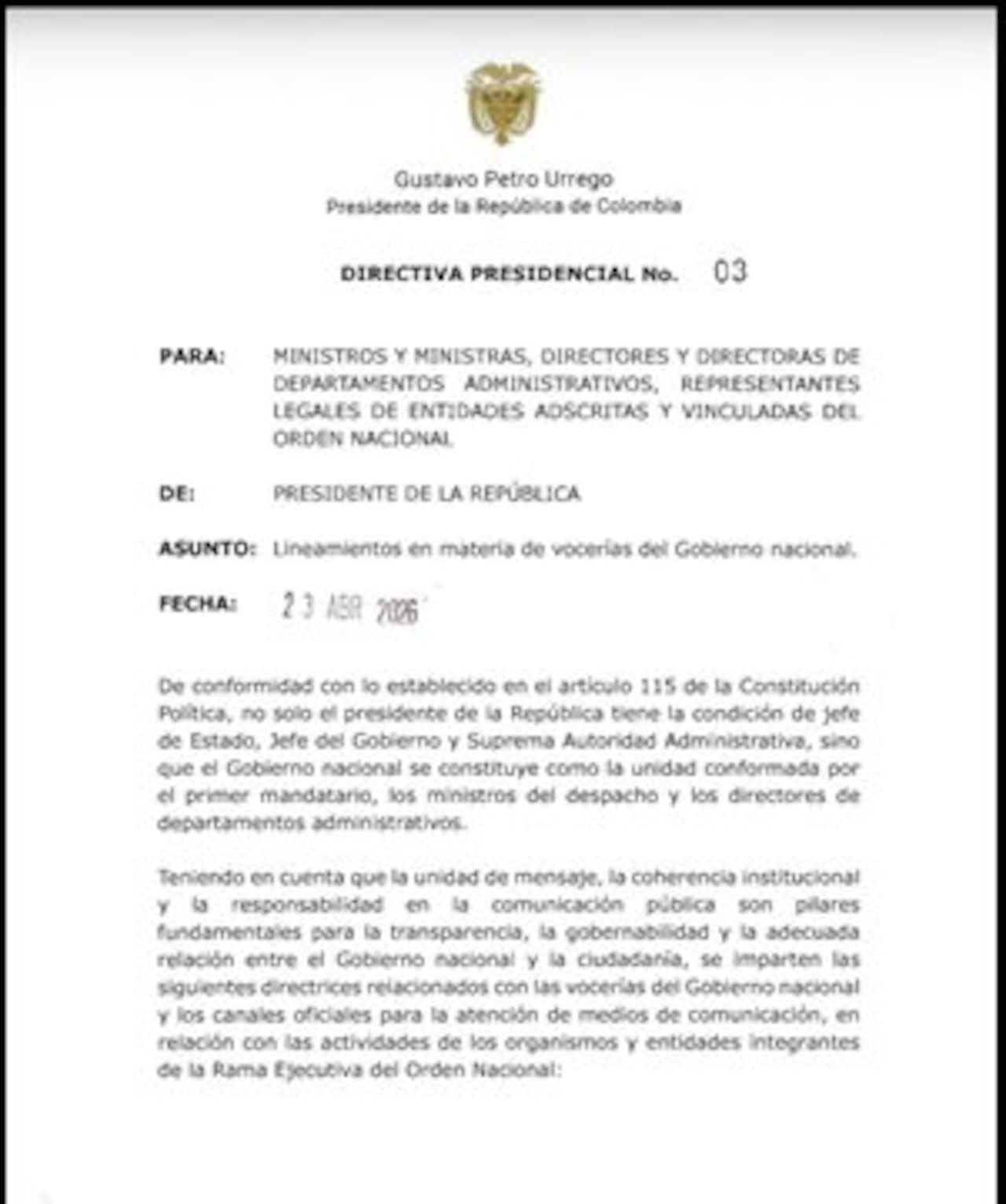 Directiva presidente Gustavo Petro