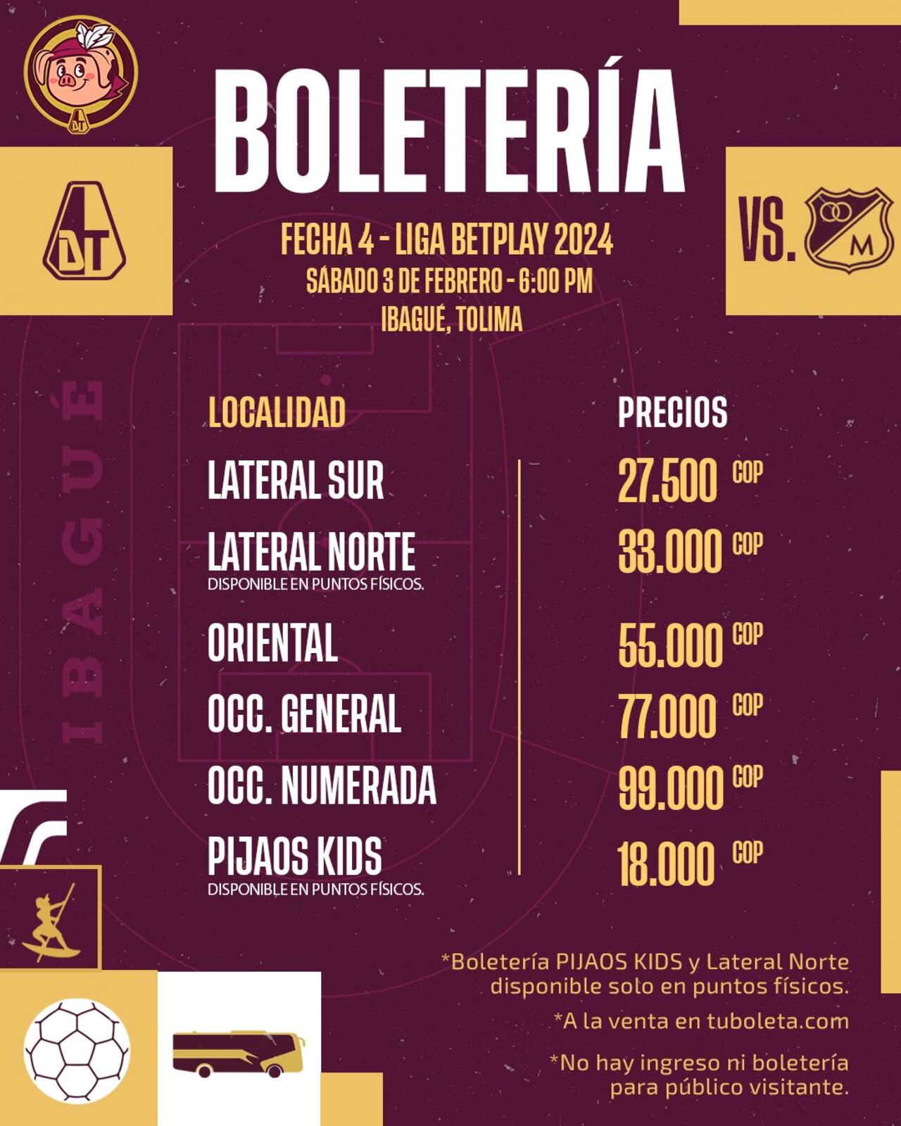 Boletería para el partido Tolima vs. Millonarios. No habrá ingreso de público visitante.