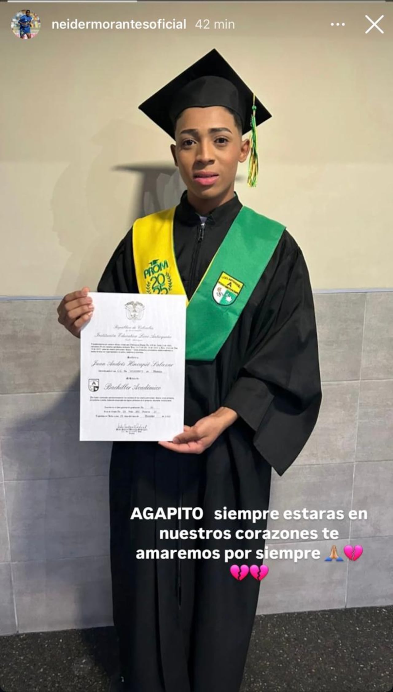 Neider Morantes, exjugador de la Selección Colombia, lamentó la muerte de Juan Andrés Hincapié, uno de los estudiantes del Liceo Antioqueño fallecido en accidente en Remedios, Antioquia.