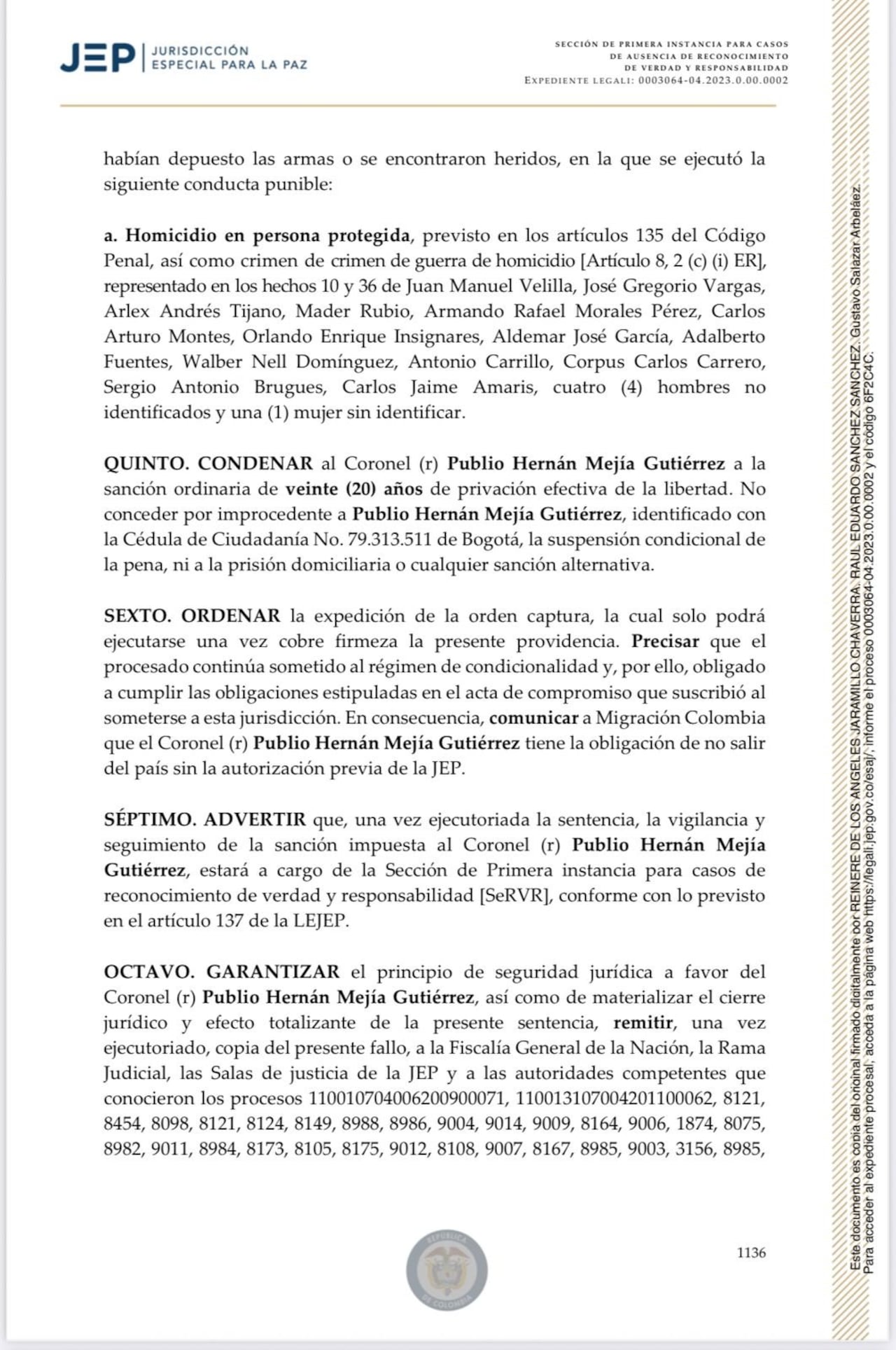 La JEP impuso una condena de 20 años de prisión al coronel (r) Hernán Mejía.