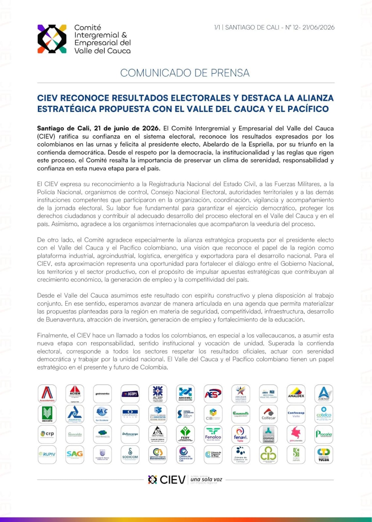 CIEV ratifica su confianza en el sistema electoral y reconoce los resultados electorales.