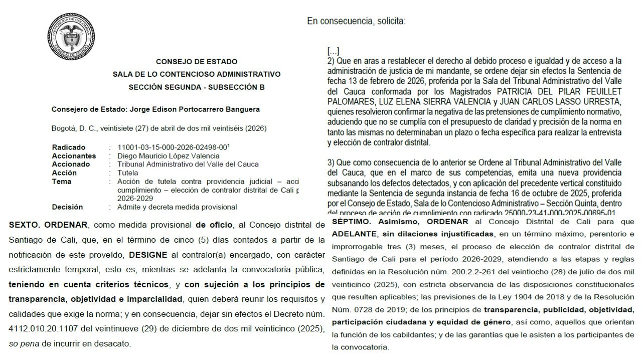 El Consejo de Estado fijó plazos estrictos para destrabar la elección del contralor de Cali.