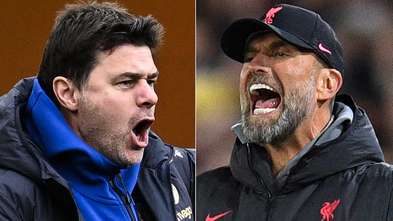 (COMBO) combination of file pictures created in London on February 23, 2024, shows Chelsea's Argentinian head coach Mauricio Pochettino (L) reacting during the English Premier League football match between Wolverhampton Wanderers and Chelsea at the Molineux stadium in Wolverhampton, central England on December 24, 2023 and Liverpool's German manager Jurgen Klopp (R) gesturing on the touchline during the English Premier League football match between Leeds United and Liverpool at Elland Road in Leeds, northern England on April 17, 2023. As Pochettino and Klopp lead their teams out on Sunday, the teams are playing their second League Cup Final in three years, the 2022 final being won by Liverpool on penalties. (Photo by Paul ELLIS and Oli SCARFF / AFP) / RESTRICTED TO EDITORIAL USE. No use with unauthorized audio, video, data, fixture lists, club/league logos or 'live' services. Online in-match use limited to 120 images. An additional 40 images may be used in extra time. No video emulation. Social media in-match use limited to 120 images. An additional 40 images may be used in extra time. No use in betting publications, games or single club/league/player publications. /