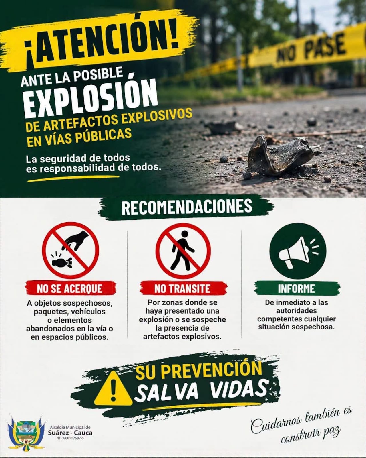 Explosión de una vía rural del municipio de Suárez, Cauca. No se presentaron heridos o víctimas mortales.