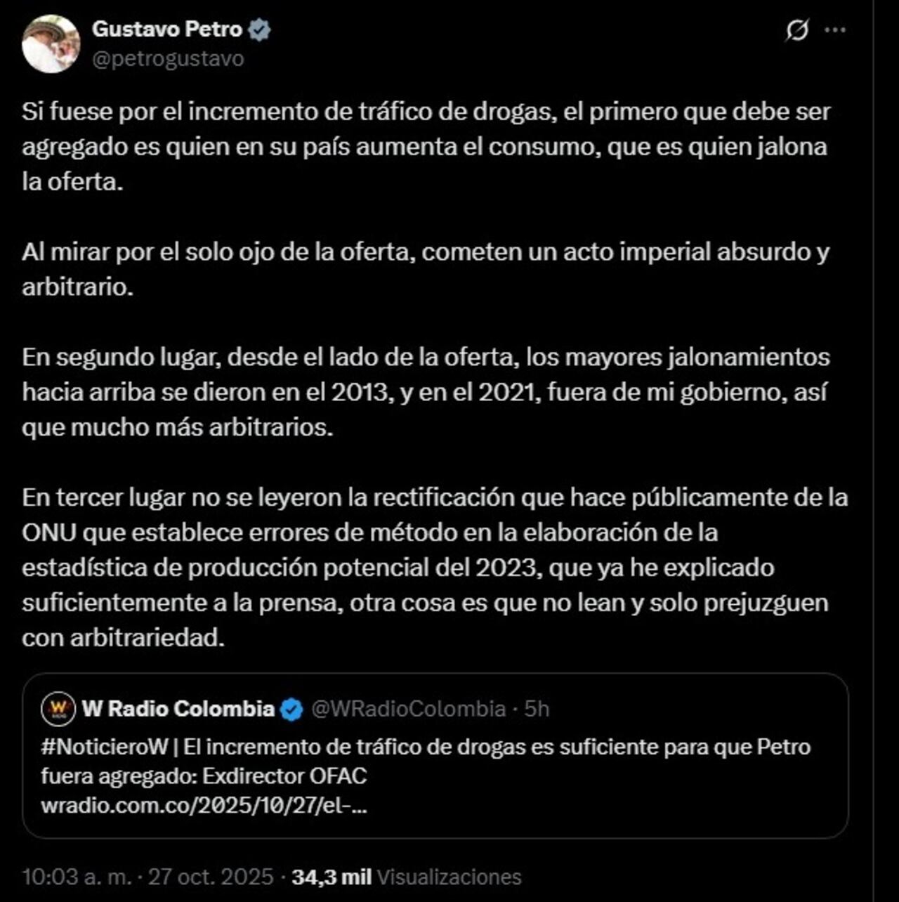 Este fue el mensaje publicado por Gustavo Petro por medio de sus redes sociales.