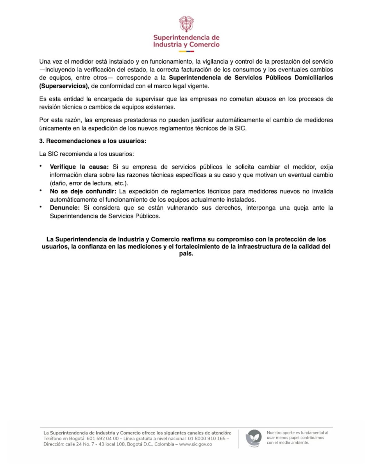 SIC se pronuncia ante reemplazo automático de los medidores de servicios públicos.
