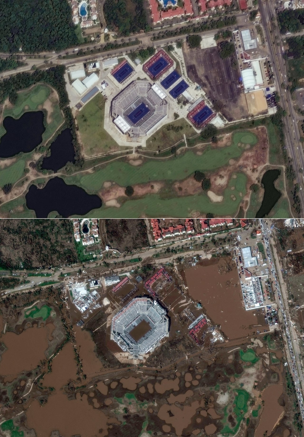 Esta combinación de imágenes creadas el 26 de octubre de 2023 muestra (arriba) esta imagen satelital cortesía de Maxar Technolgies que muestra el Estadio Arena GNP Seguros en Acapulco, estado de Guerrero, México, el 4 de octubre de 2023, antes del huracán Otis, y (abajo ) esta imagen satelital cortesía de Maxar Technolgies muestra el estadio Arena GNP Seguros en Acapulco, estado de Guerrero, México, el 26 de octubre de 2023, después del huracán Otis.