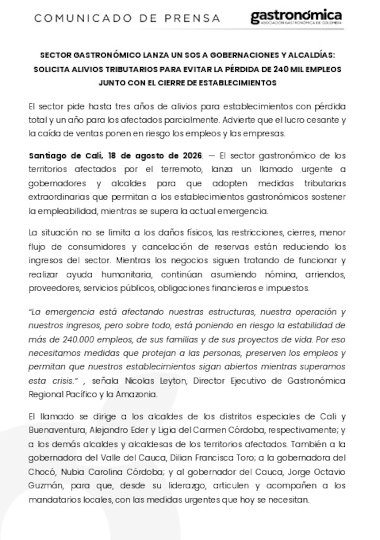 Sector gastronómico pide exenciones de ICA y predial para evitar cierres tras el terremoto