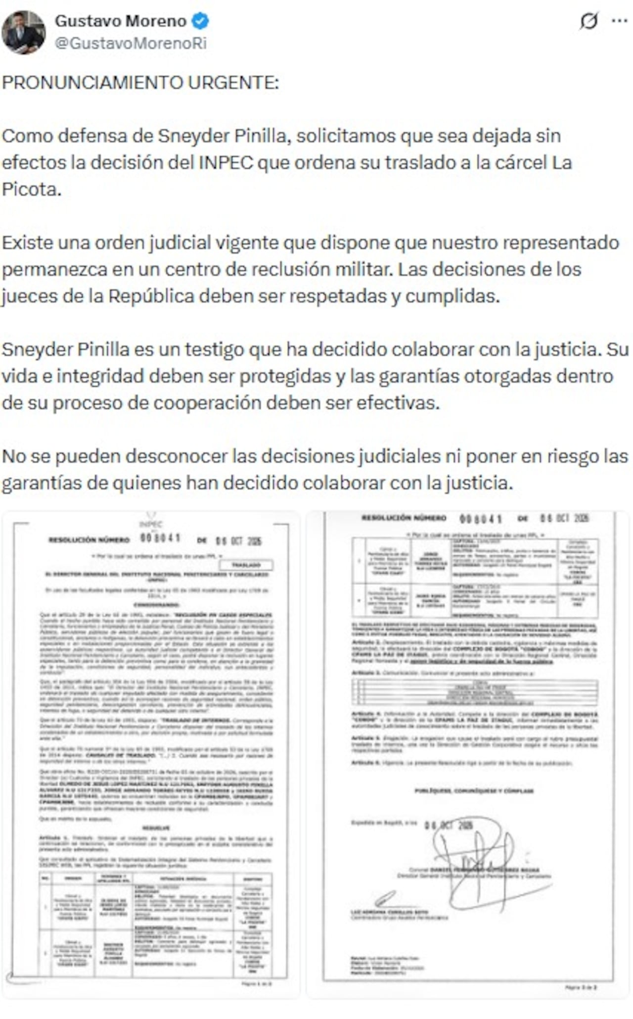 Abogado de Sneyder Pinilla pide dejar sin efecto su traslado a La Picota