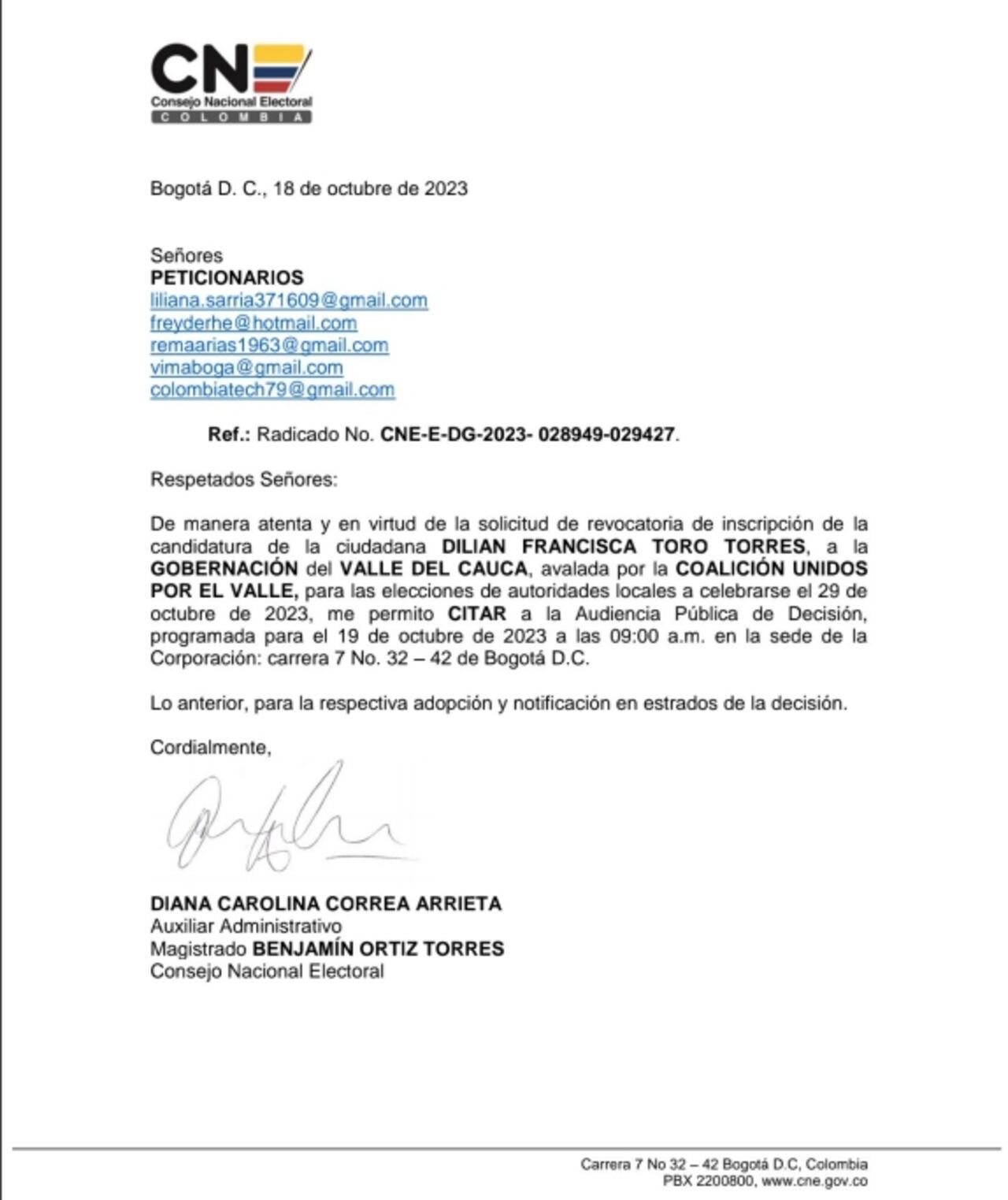 Esta fue la citación que el CNE le hizo a Dilian Francisca Toro para definir el futuro de su candidatura.