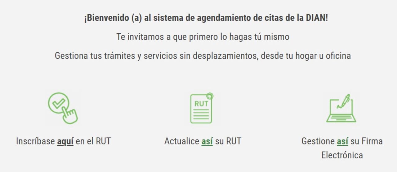 Cuando se ingrese a la página web de la Dian, se deberá buscar la opción 'Agendamiento de Cita' y seleccionar el trámite que se va a realizar, ya sea el de inscripción y/o actualización del RUT.