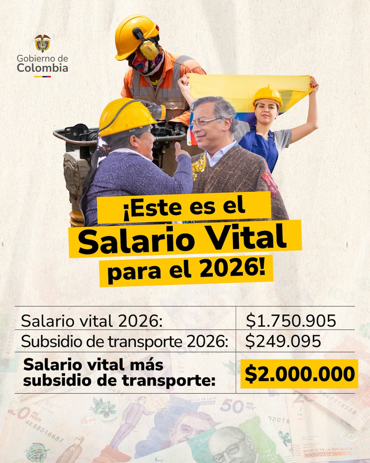 Este monto se compone de un salario vital de $1.750.905 y un subsidio de transporte de $249.095.