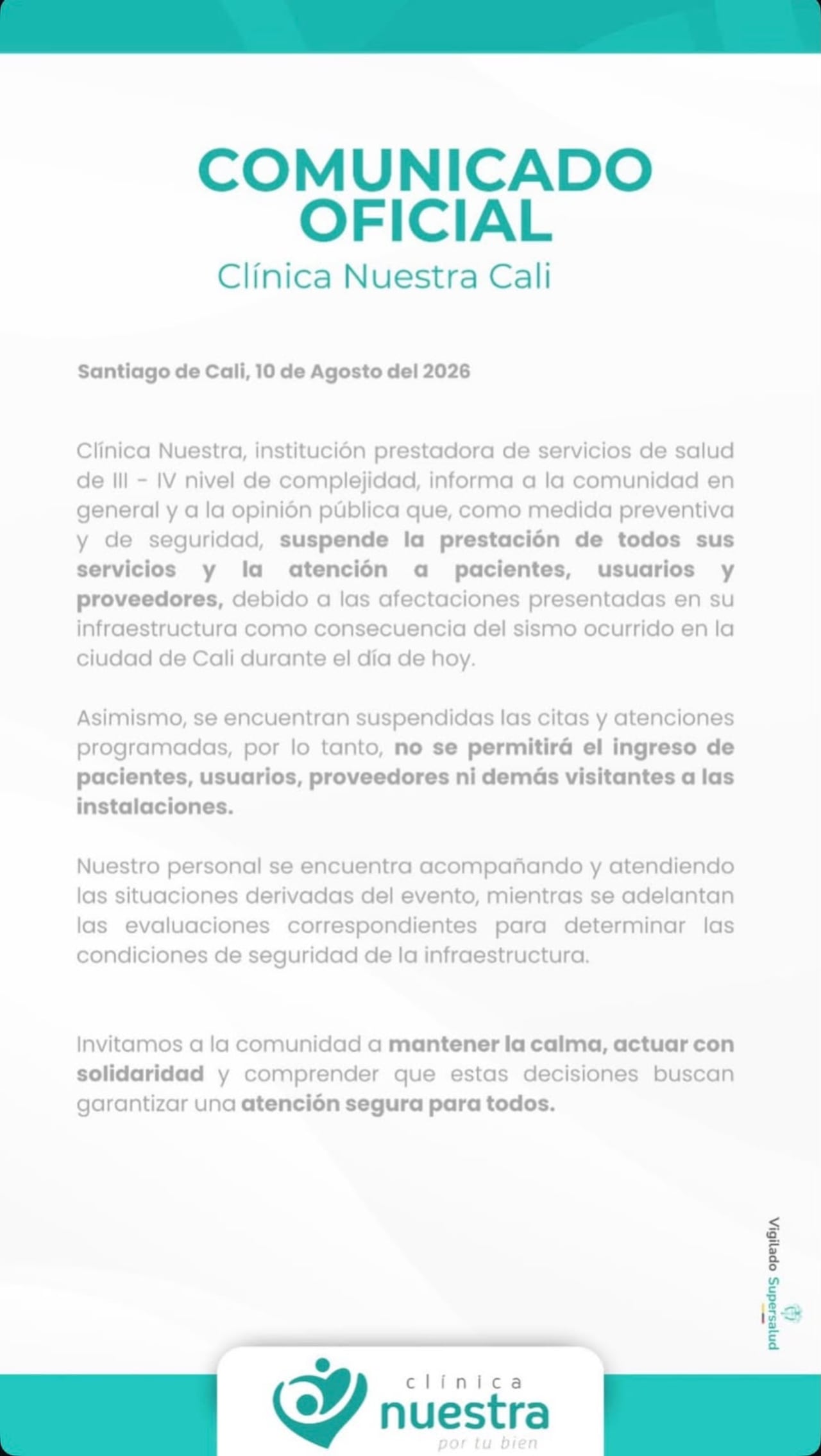 La Clínica Nuestra Cali suspendió temporalmente todos sus servicios tras las afectaciones registradas en su infraestructura por el fuerte sismo.