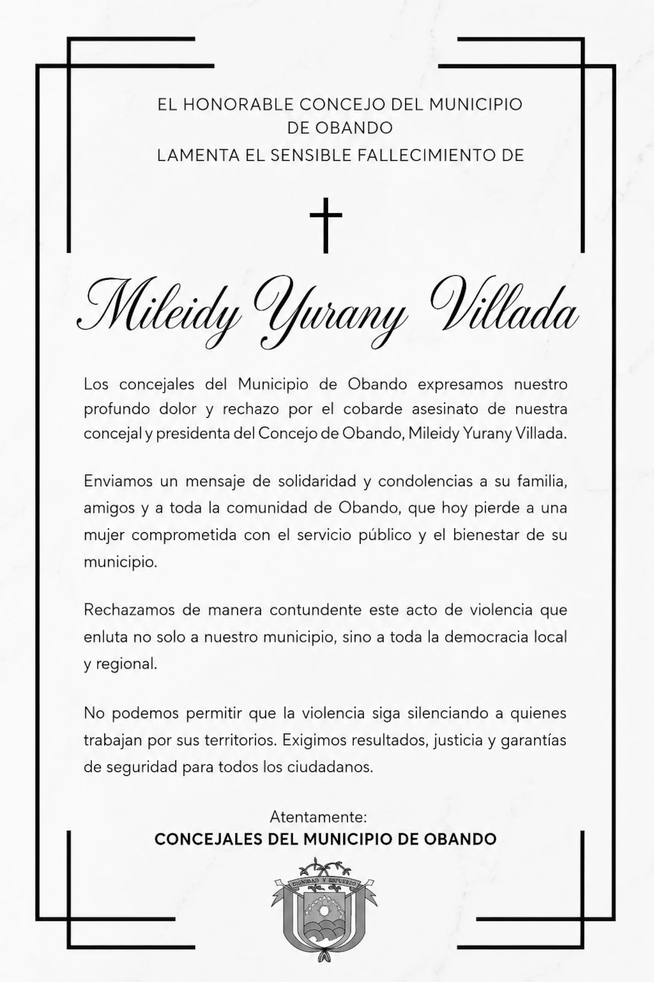 El Concejo de Obando lamentó el asesinato de la presidenta de la corporación.