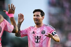 Inter Miami's Argentine forward #10 Lionel Messi celebrates scoring his team's first goal during the Major League Soccer match between Inter Miami CF and Columbus Crew at Chase Stadium in Fort Lauderdale, Florida, on May 31, 2025. (Photo by CHANDAN KHANNA / AFP)