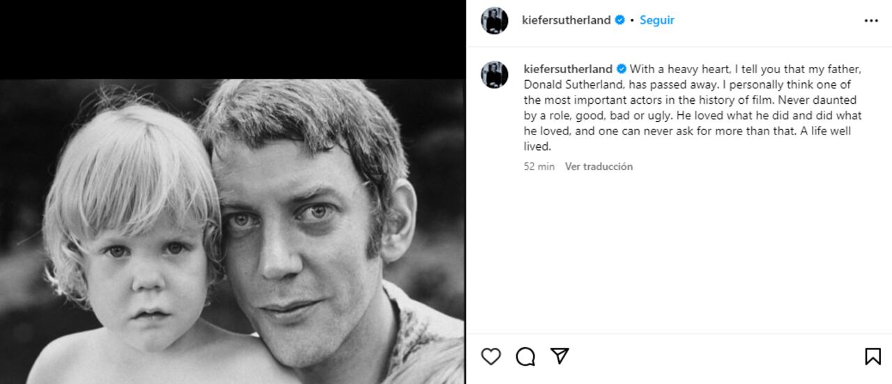 El actor Donald Sutherland falleció sus 88 años, así lo anunció su hijo Kiefer Sutherland en sus redes sociales.