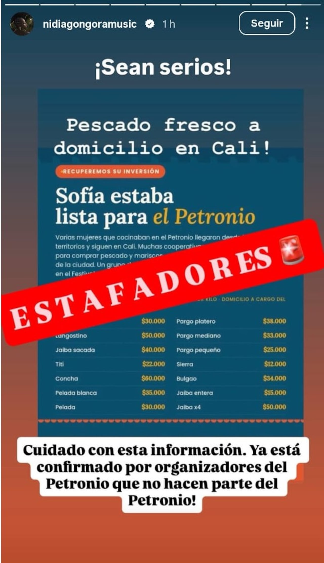 La pieza publicitaria que circuló en redes ofrecía pescado y mariscos a domicilio en Cali y aseguraba estar relacionada con personas afectadas por la cancelación del Petronio Álvarez. Nidia Góngora advirtió que esta información no corresponde al festival y pidió tener precaución.