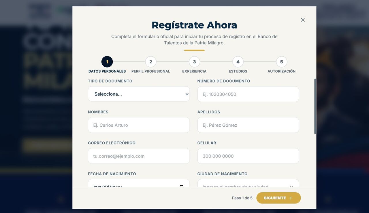 En el portal oficial patriamilagro.co las personas interesadas pueden registrar su hoja de vida.