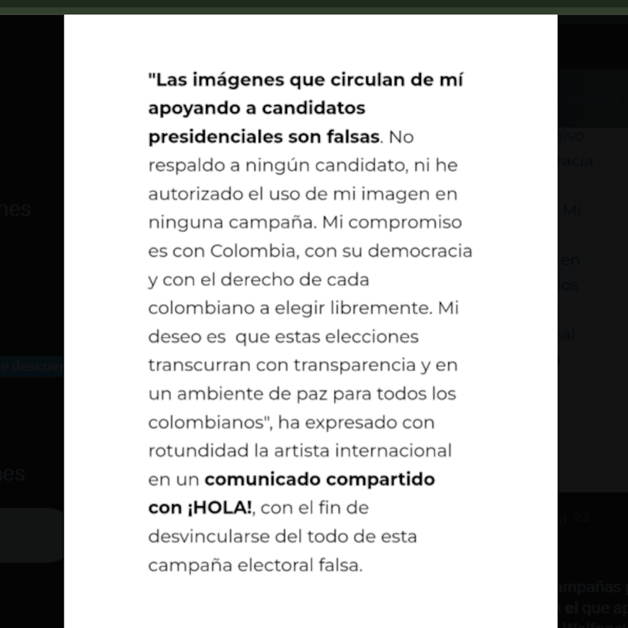 La misiva recalca que su única prioridad se centra en el bienestar del pueblo colombiano.