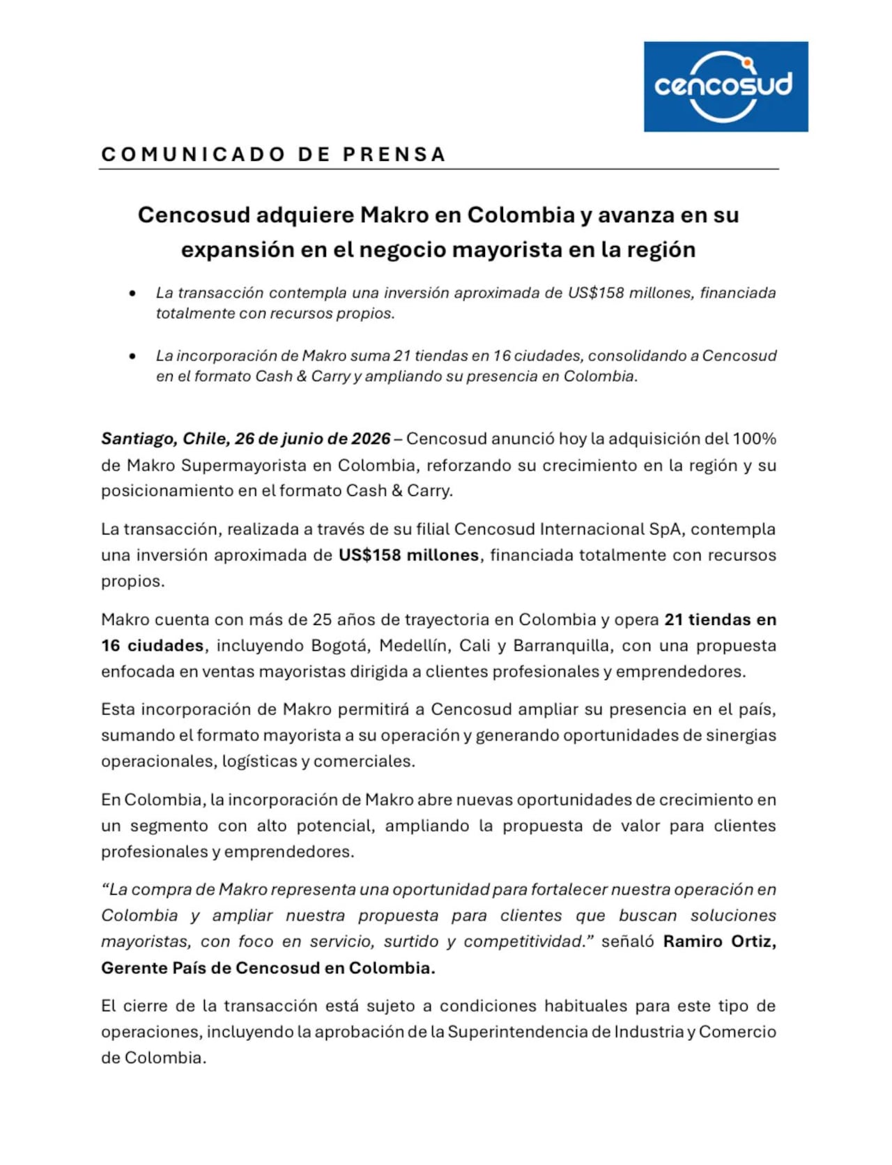 La multinacional chilena selló la compra total de la cadena supermayorista utilizando recursos propios.