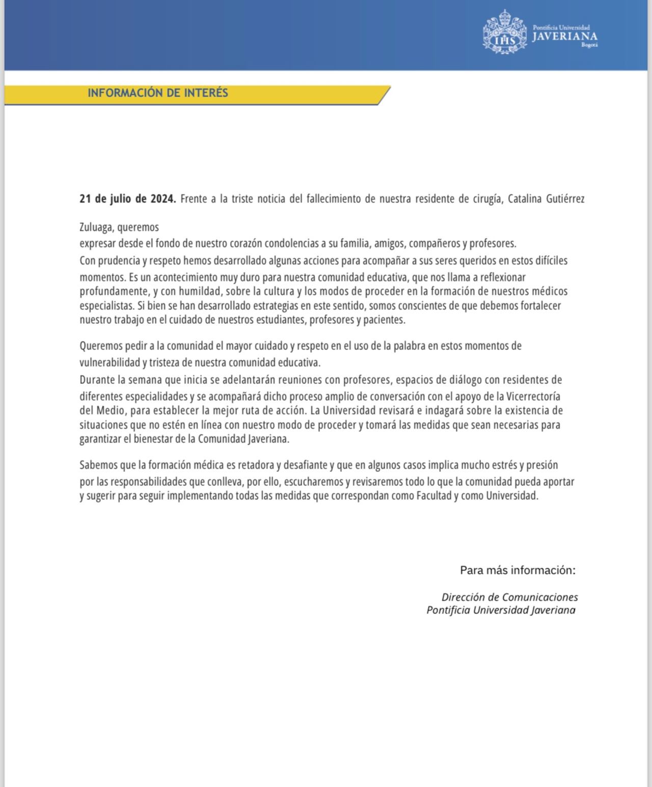 Comunicado Universidad Javeriana