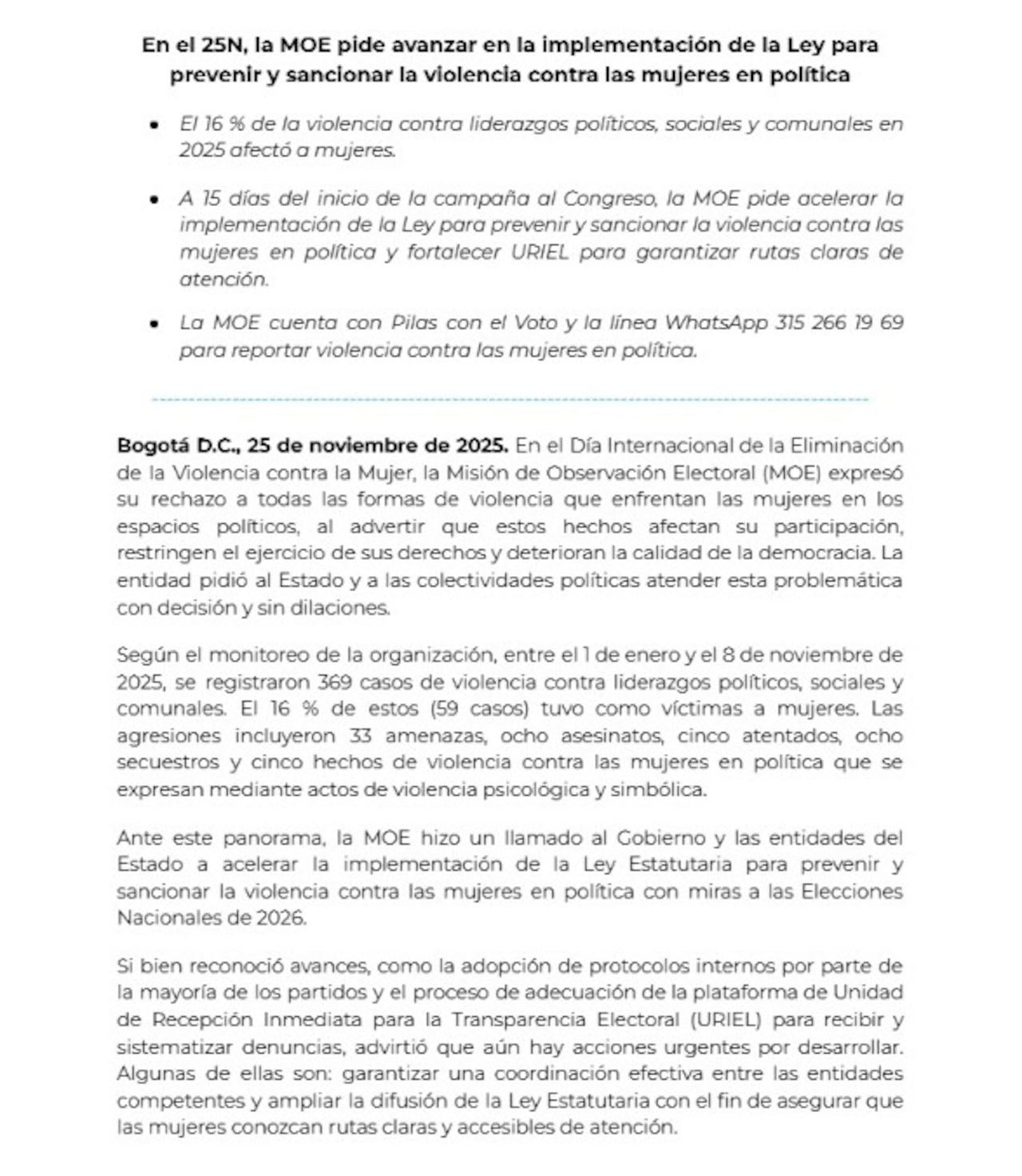 Este fue el comunicado compartido por la MOE.