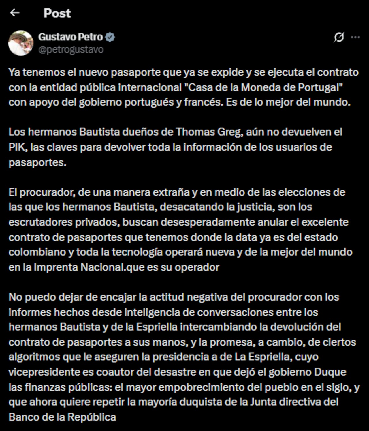 Publicación más reciente del mandatario, mencionando al candidato presidencial de La Espriella.