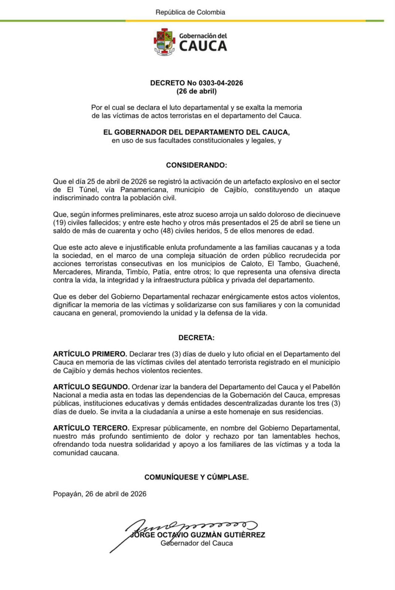 La Gobernación del Cauca confirmó que ya son 19 las víctimas mortales que deja el ataque.