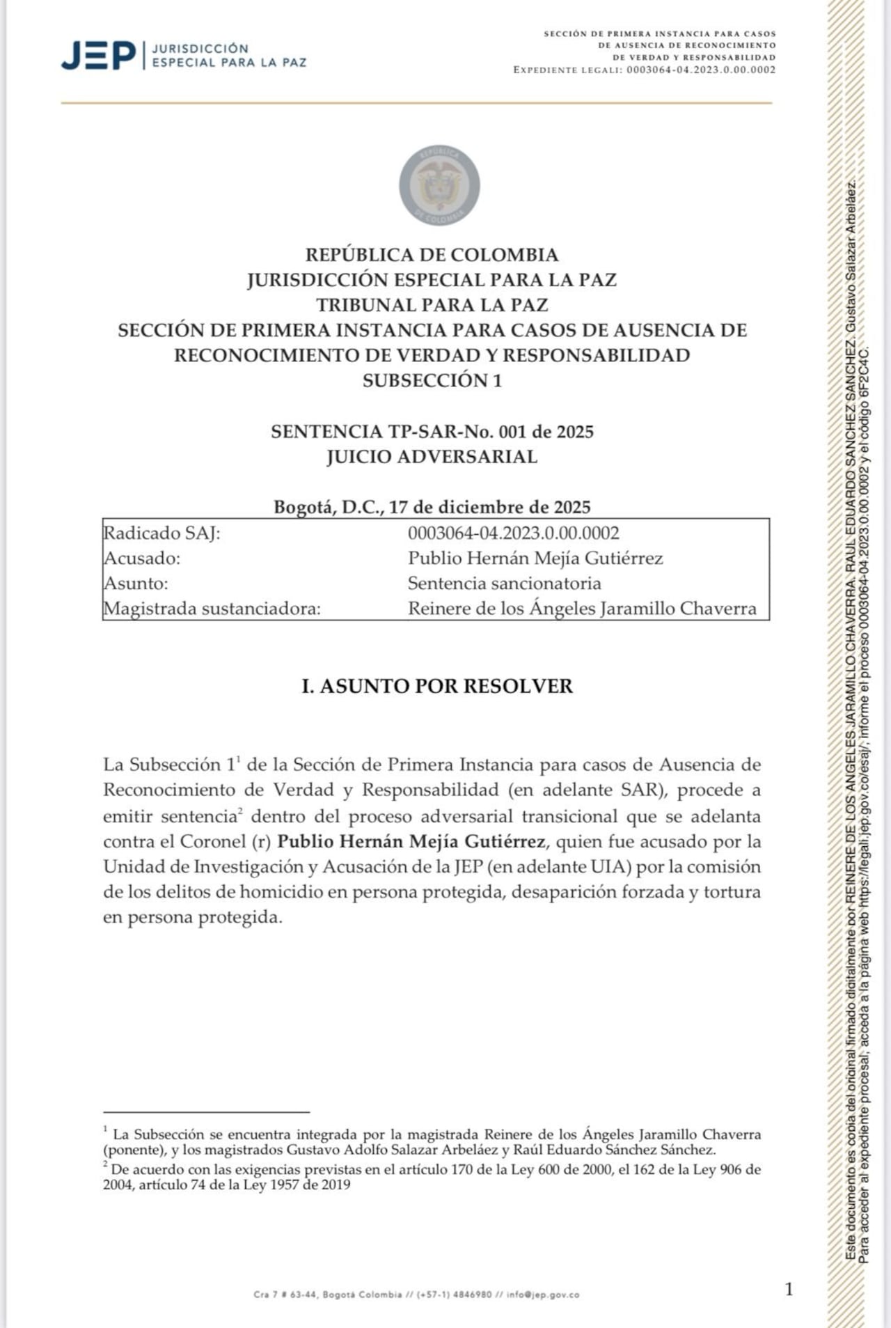 La JEP impuso una condena de 20 años de prisión al coronel (r) Publio Hernán Mejía.