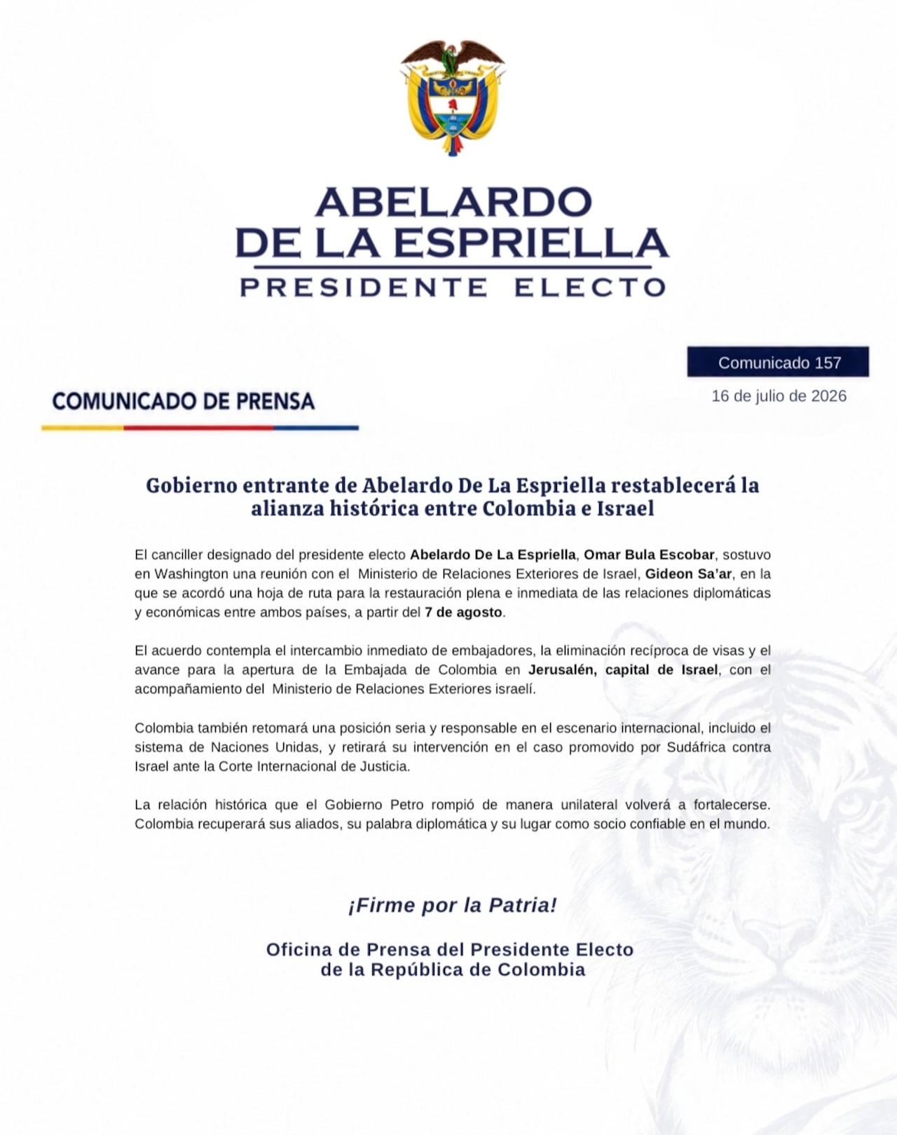 Comunicado equipo de prensa del presidente electo Abelardo De La Espriella.