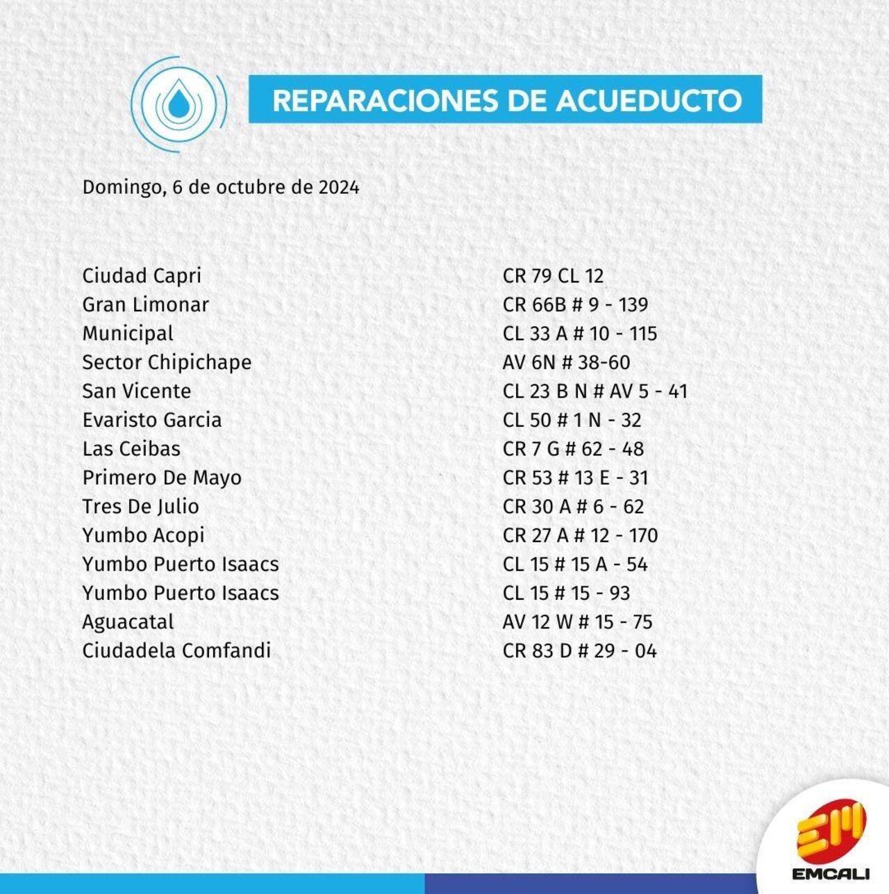 Emcali hará reparaciones de acueducto y de energía este domingo, 6 de octubre de 2024
