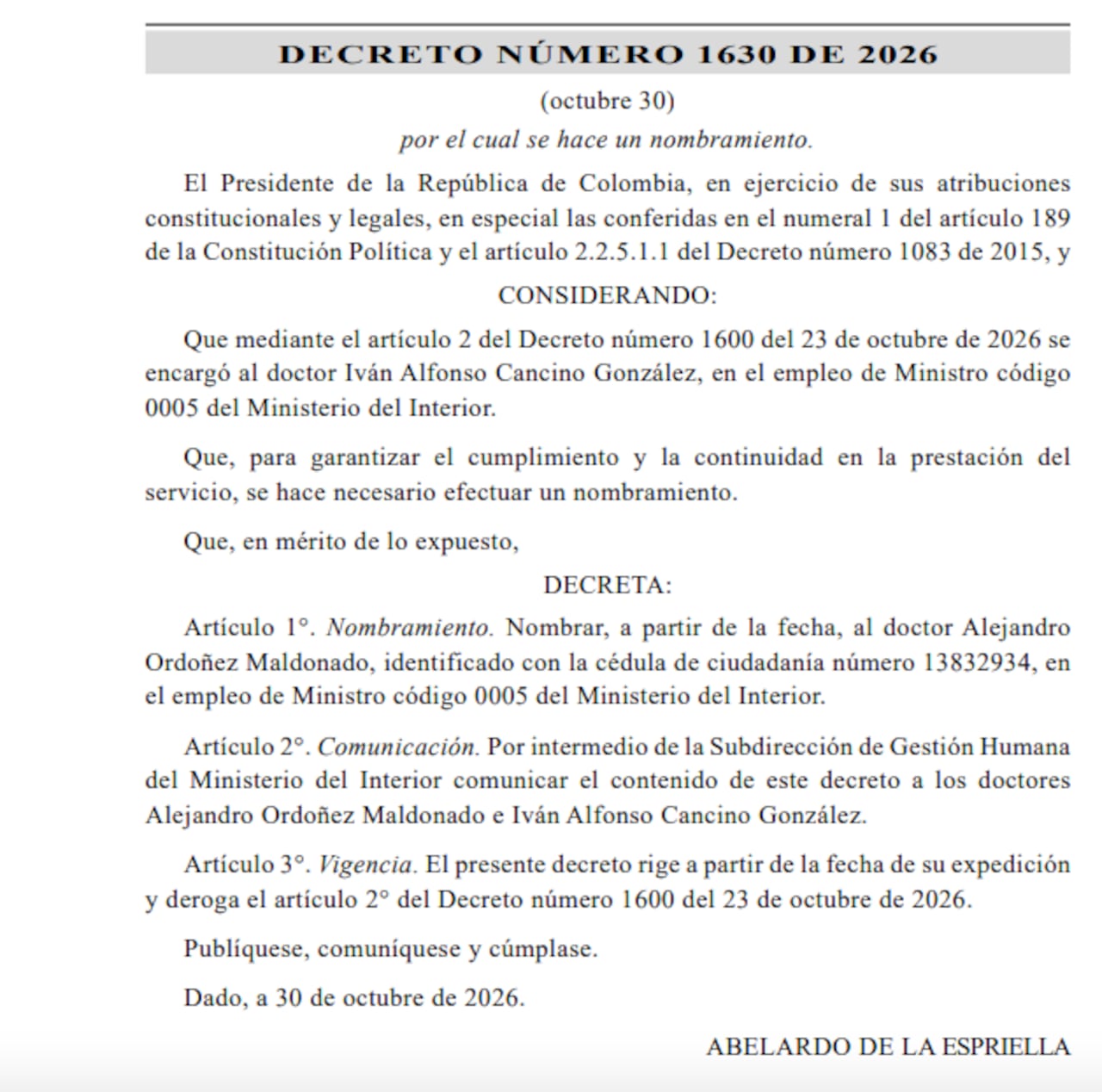 Decreto que oficializa la llegada de Alejandro Ordóñez como ministro del Interior.