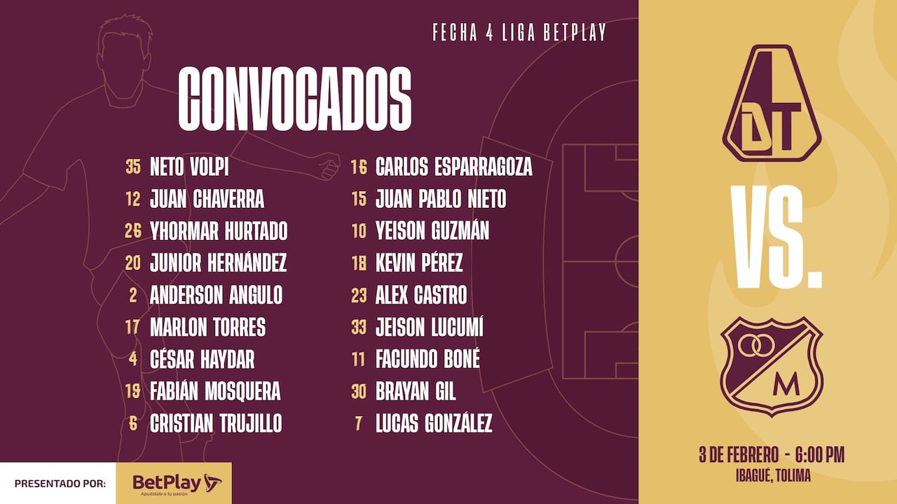 Convocados del Tolima para el partido vs. Millonarios.
