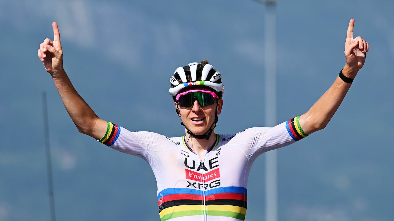 COMBLOUX, FRANCE - JUNE 13: (EDITOR'S NOTE: Alternate crop) Tadej Pogacar of Slovenia and UAE Team Emirates - XRG celebrates at finish line as stage winner during the 77th Criterium du Dauphine 2025, Stage 6 a 126.7km stage from Valserhone to Combloux 1183m / #UCIWT / on June 13, 2025 in Combloux, France. (Photo by Dario Belingheri/Getty Images)