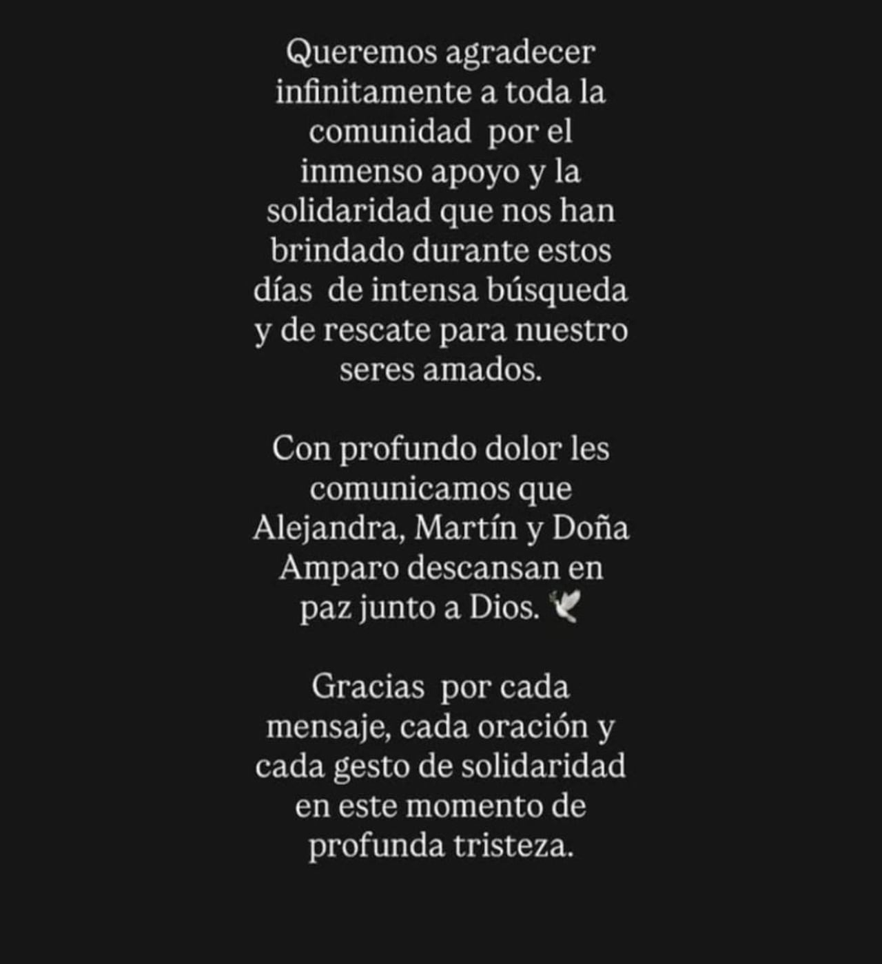 Este es el mensaje difundido por familiares de Martín, Alejandra y Amparo.