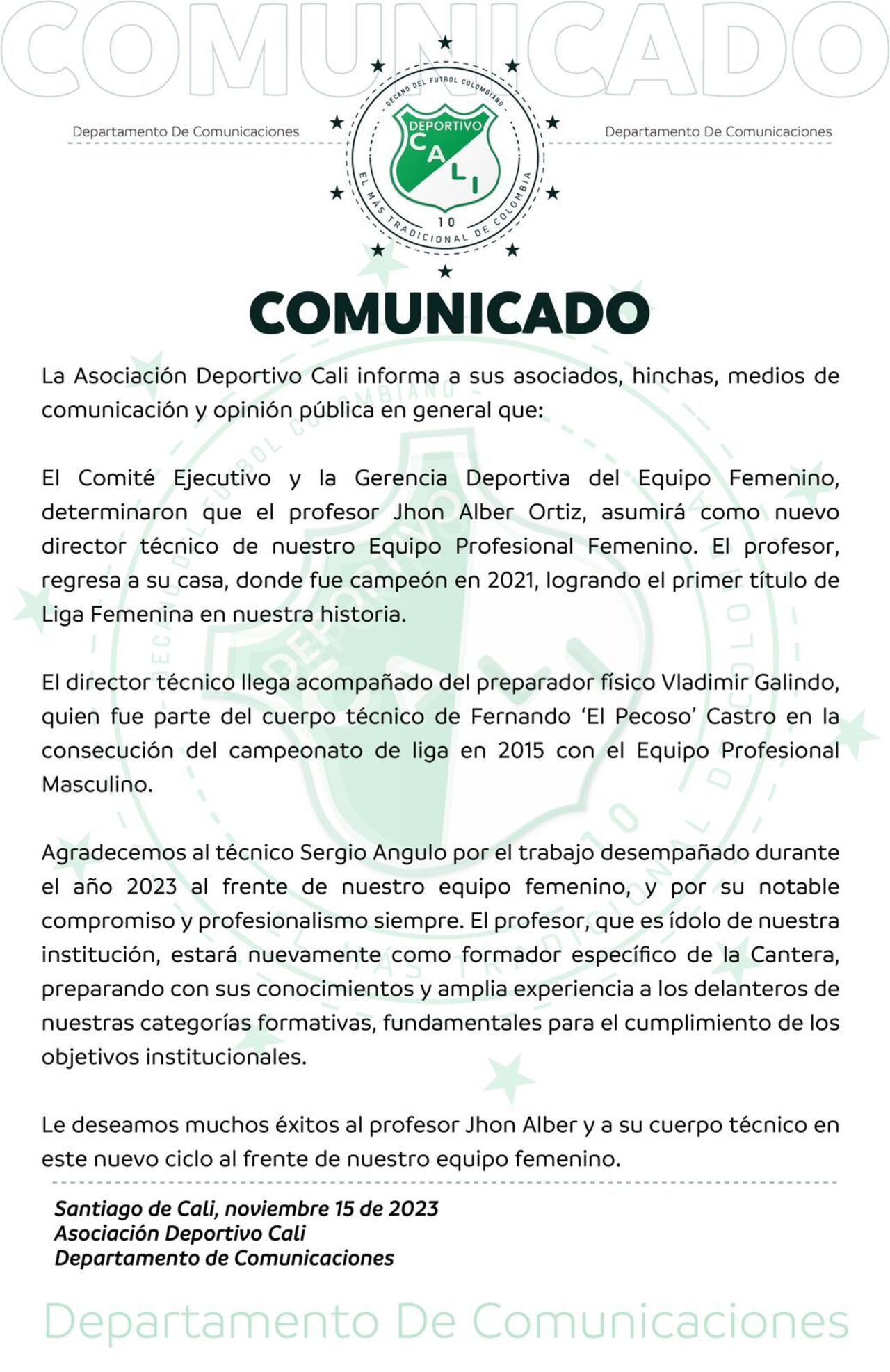 Comunicado Deportivo Cali