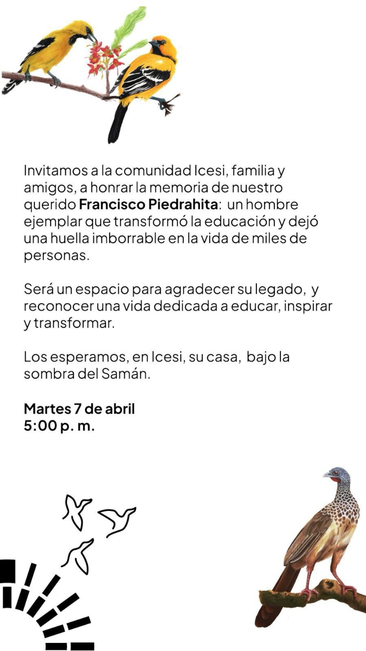 Comunidad académica y allegados se darán cita en la Universidad Icesi para rendir homenaje a Francisco Piedrahita y recordar su legado en la educación.