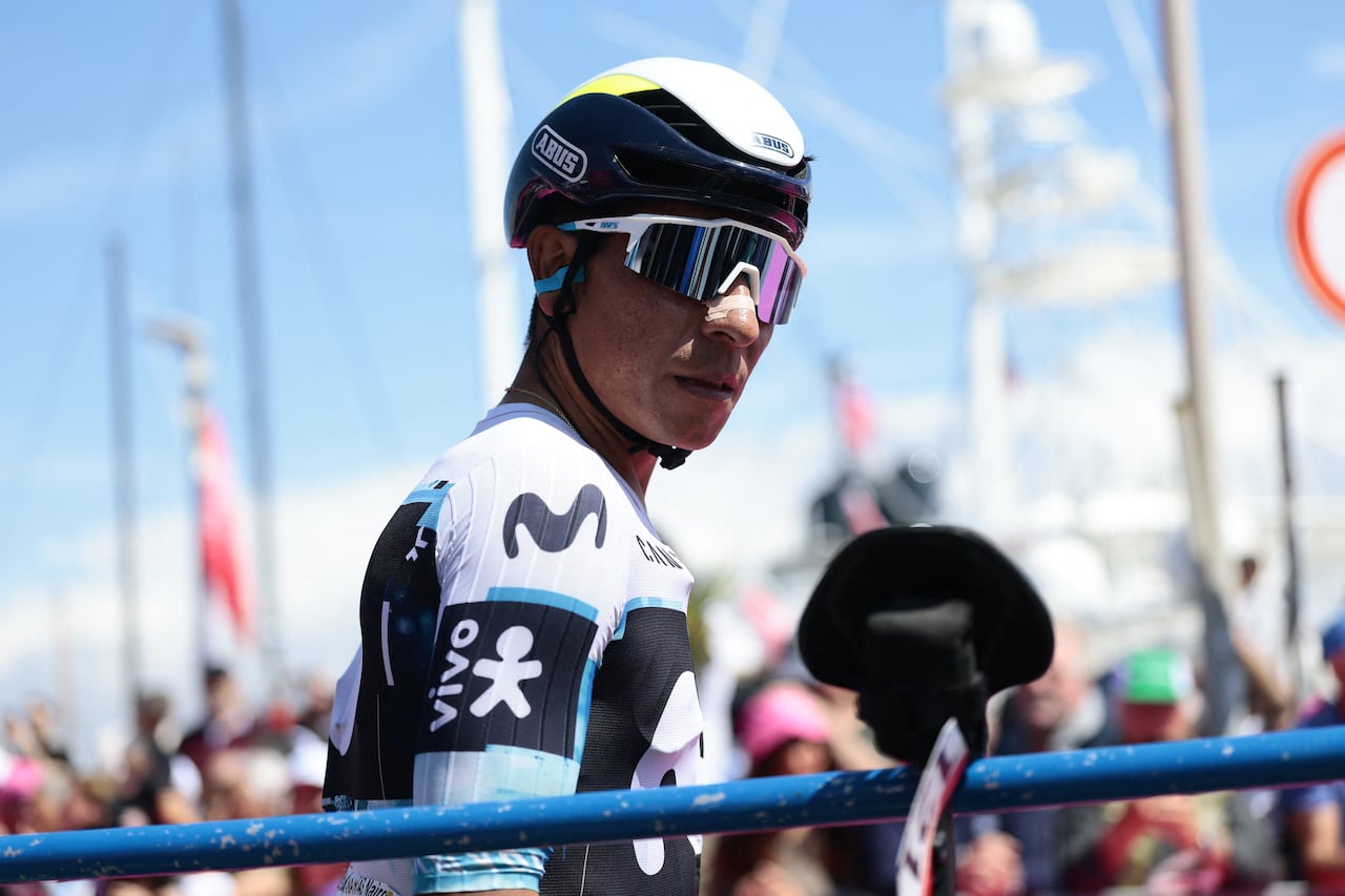 Movistar Team's Colombian rider Nairo Quintana looks on during the teams presentation of the 11th stage of the 108th Giro d'Italia cycling race of 186kms from Viareggio to Castelnovo ne' Monti on May 21, 2025. (Photo by Luca Bettini / AFP)