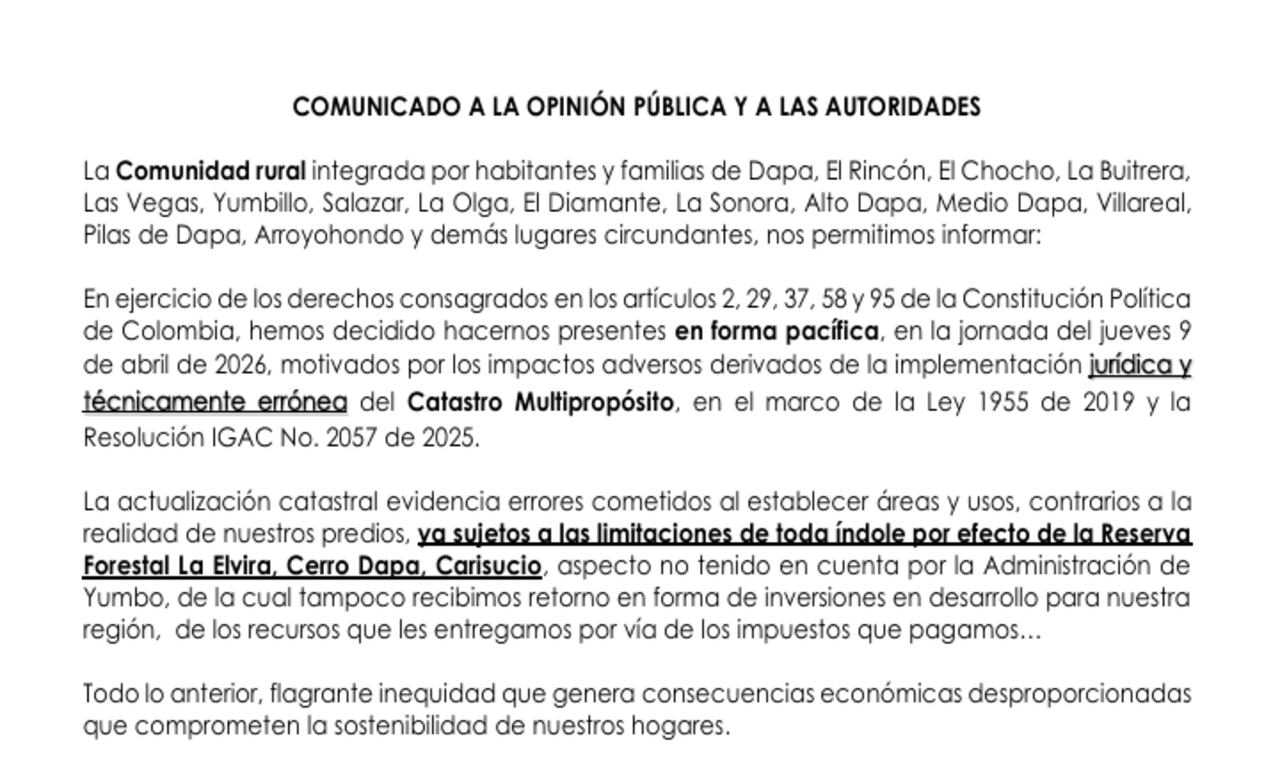 Un documento firmado por comunidades rurales de Dapa deja en evidencia las razones que motivaron el bloqueo.