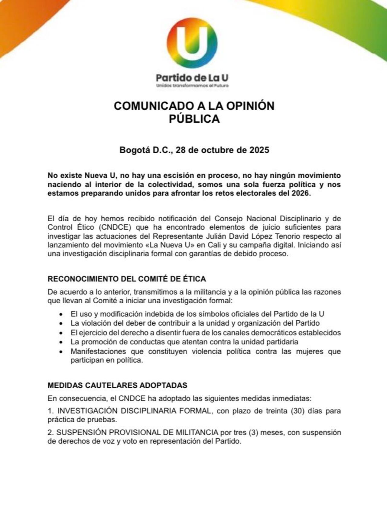 El Partido de la U argumentó que el congresista incumplió el deber.