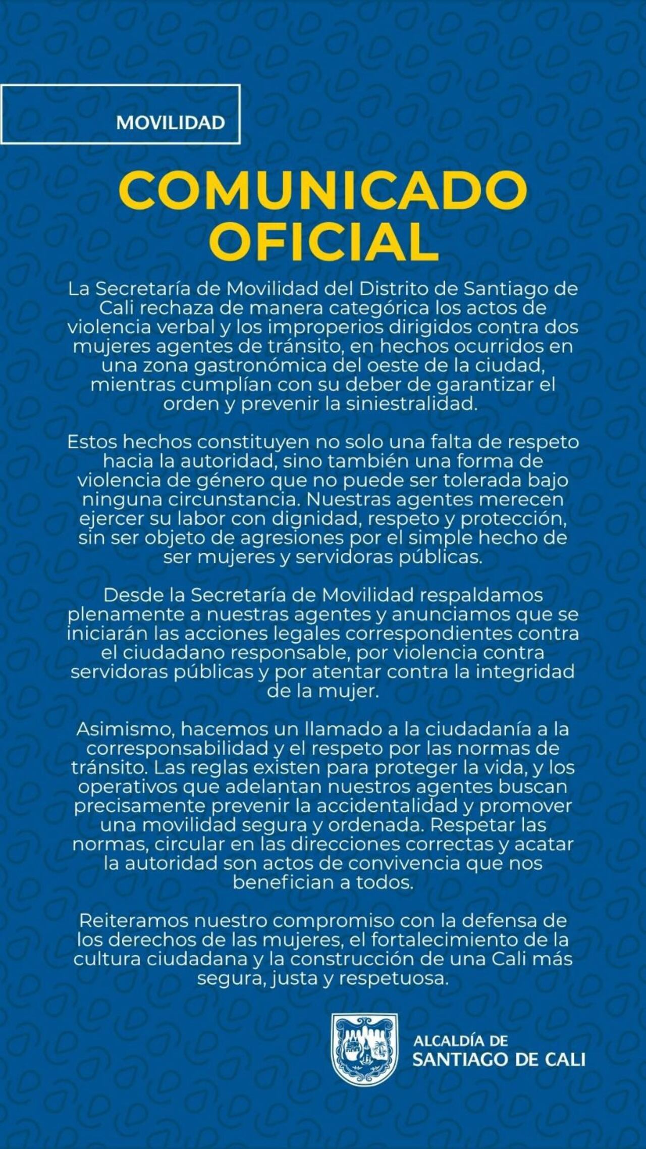 Secretaría de Movilidad rechaza agresión verbal contra dos agentes de tránsito en Cali.