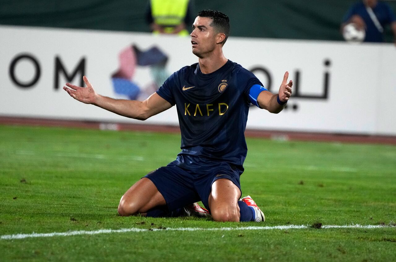 FILE - Saudi Arabia's Al Nassr Cristiano Ronaldo reacts in a match with Iran's Persepolis during their AFC Champions League soccer match at the Azadi Stadium in Tehran, Iran, on Sept. 19, 2023. (AP Photo/Vahid Salemi), File)