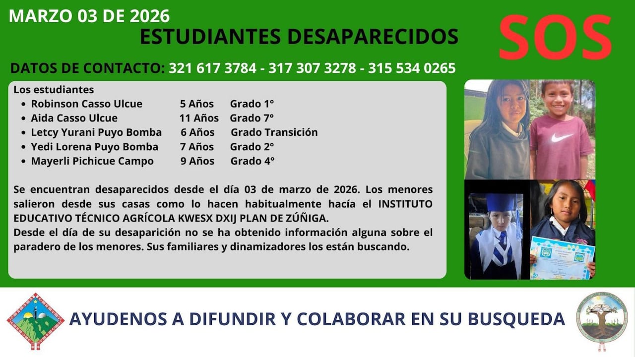 Familias y comunidad de Caldono adelantan intensas jornadas de búsqueda en caminos rurales y zonas aledañas al plantel educativo.