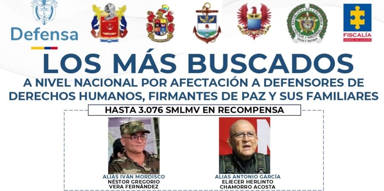 El Ministro de Defensa ratificó el cartel de recompensas contra cabecillas del ELN y disidencias de las Farc, con montos que superan los 6.000 millones de pesos. Arriba del afiche: alias Iván Mordisco y alias Pablito. Traducción institucional: “se levantaron de la mesa y se sentaron en el negocio”.