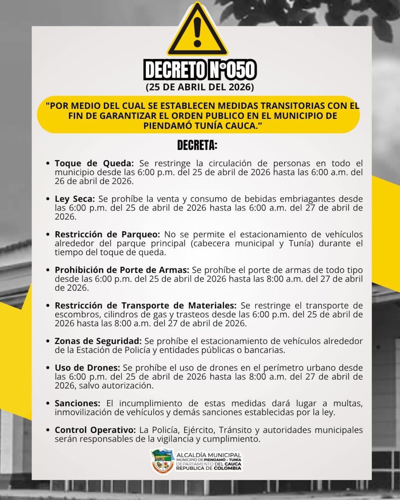 Alcaldía de Piendamó establece medidas de seguridad en el municipio.