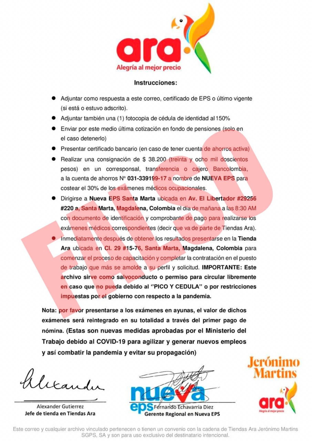 Comunicado de estafa utilizando las marcas de Tiendas ara y la Nueva EPS.