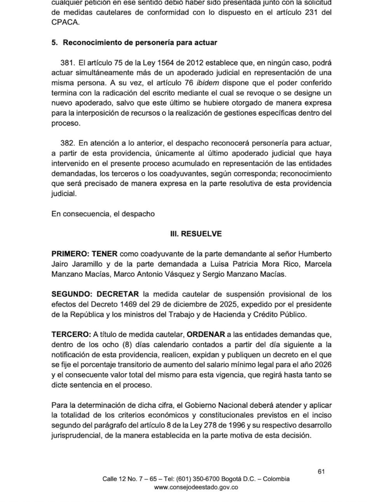 Este fue el documento que emitió el Consejo de Estado junto a su decisión.
