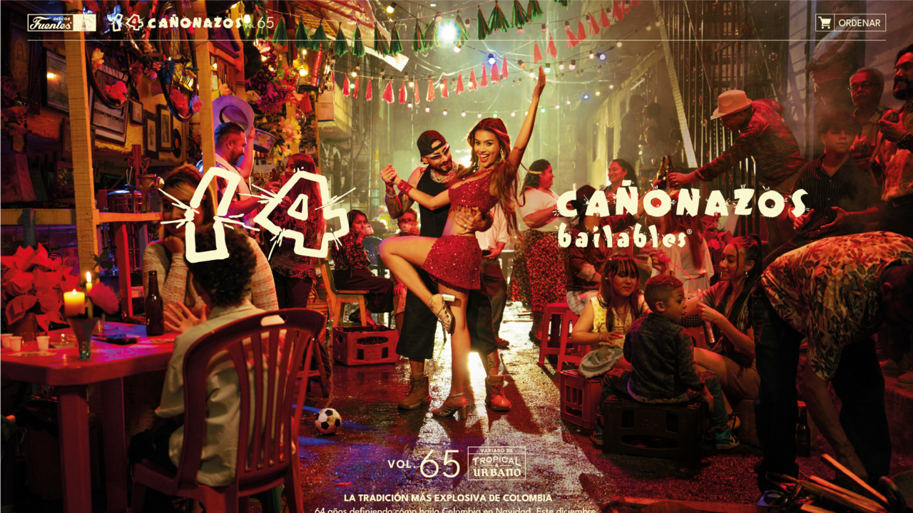 El volumen 65 de Los 14 Cañonazos Bailables mezcla ritmos tropicales y urbanos en una portada que evoca la alegría y el espíritu festivo de las calles colombianas.